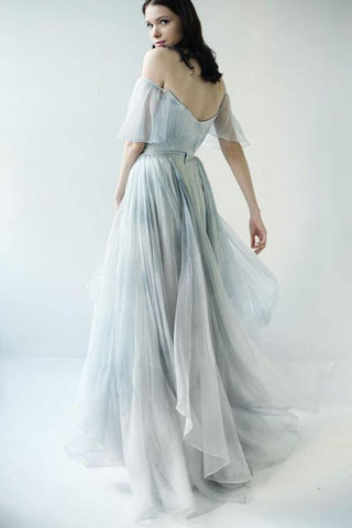NumberSea Einzigartiges graublaues Chiffon-Brautkleid mit schulterfreiem Schnitt, Brautkleid, MW592