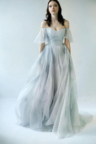 NumberSea Einzigartiges graublaues Chiffon-Brautkleid mit schulterfreiem Schnitt, Brautkleid, MW592