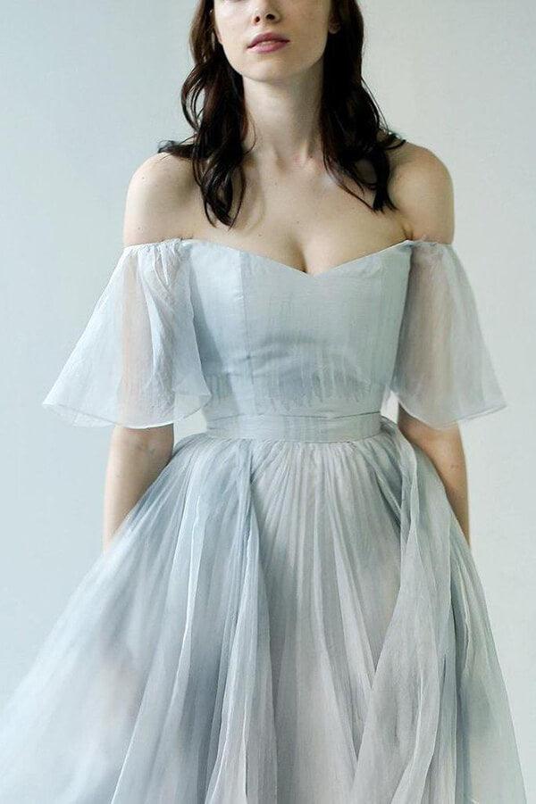NumberSea Einzigartiges graublaues Chiffon-Brautkleid mit schulterfreiem Schnitt, Brautkleid, MW592