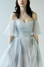 NumberSea Einzigartiges graublaues Chiffon-Brautkleid mit schulterfreiem Schnitt, Brautkleid, MW592