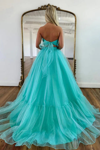 Unique Off Shoulder A-line Mint Green Tulle Prom Long Formal Dress  PSK452