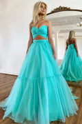Vestido de festa formal comprido com decote em A e corte em tule verde menta PSK452