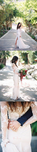 Abito da Sposa Boho con Maniche Lunghe in Pizzo, Design Unico e Spacco Frontale, DB0155