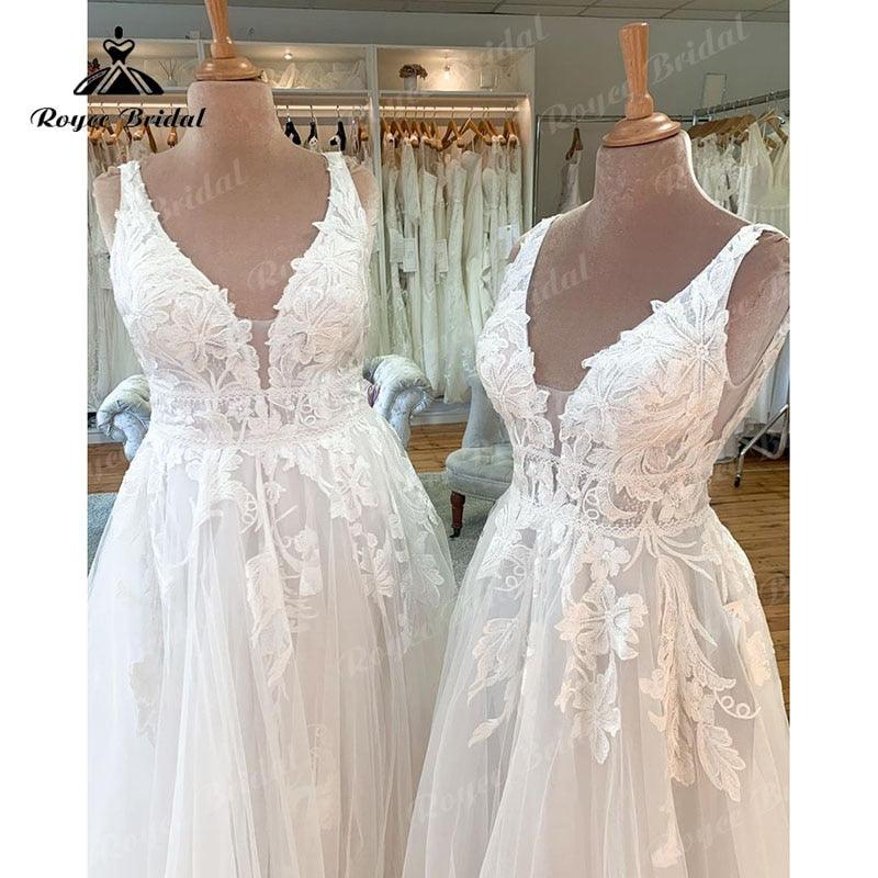 NumberSea V Neck A Line Boho Lace Wedding Dress Appliques Open Back Tulle Plus Size 2025 Vintage Bridal Gown vestidos de novia Elegant