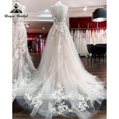 NumberSea V-Ausschnitt Spitze Boho Blush Pink Brautkleid Boheme Spaghettiträger 2025 Strandapplikationen Rückenfreies Brautkleid Maßgeschneiderte Vestidos 