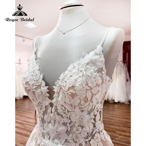 NumberSea V-Ausschnitt Spitze Boho Blush Pink Brautkleid Boheme Spaghettiträger 2025 Strandapplikationen Rückenfreies Brautkleid Maßgeschneiderte Vestidos 