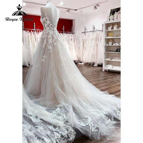 NumberSea V-Ausschnitt Spitze Boho Blush Pink Brautkleid Boheme Spaghettiträger 2025 Strandapplikationen Rückenfreies Brautkleid Maßgeschneiderte Vestidos 