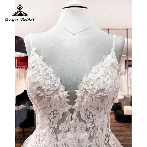 NumberSea V-Ausschnitt Spitze Boho Blush Pink Brautkleid Boheme Spaghettiträger 2025 Strandapplikationen Rückenfreies Brautkleid Maßgeschneiderte Vestidos 
