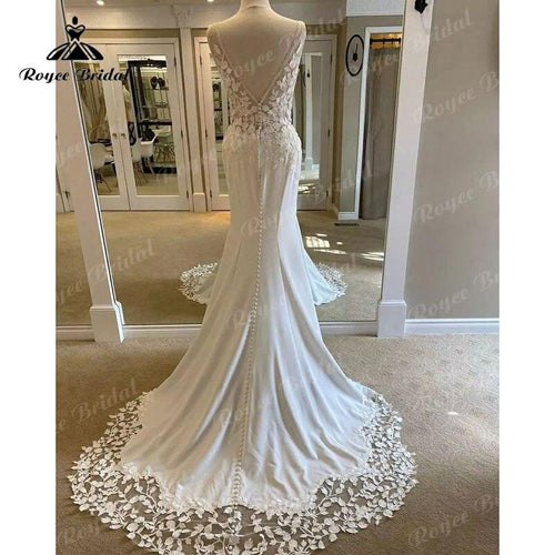 Vestido de Novia Número Mar V Escote en V Espalda Abierta Corte Sirena/Trompeta con Botones Aplicaciones en la Espalda 2025 Trajes de Novia Hechos a Medida Vestido