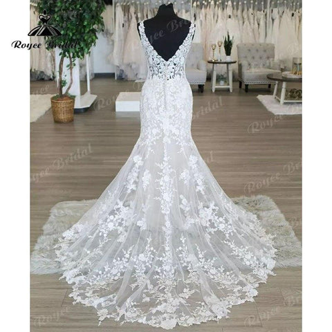 V-Ausschnitt Spitze Ärmellos Meerjungfrau/Trompete Boho Brautkleid Applikationen Open Back Sweep Zug 2025 Brautkleider Vestidos de Novia