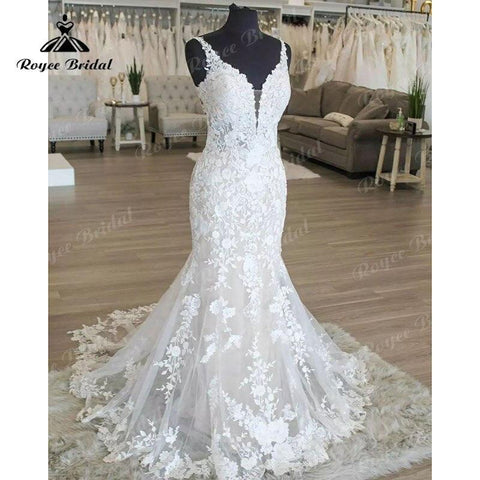 V-Ausschnitt Spitze Ärmellos Meerjungfrau/Trompete Boho Brautkleid Applikationen Open Back Sweep Zug 2025 Brautkleider Vestidos de Novia