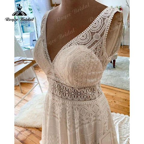 NumberSea V-Ausschnitt Ärmellos Volle Spitze A-Linie Boho Brautkleid Rückenfrei 2025 Vintage Vestido de Novia Sin Espalda Brautkleider für Frauen 