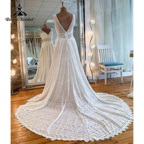 Vestido de novia sin espalda NumberSea con escote en V, sin mangas, de encaje completo, línea A, estilo boho, vintage 2025, vestidos de novia para mujeres
