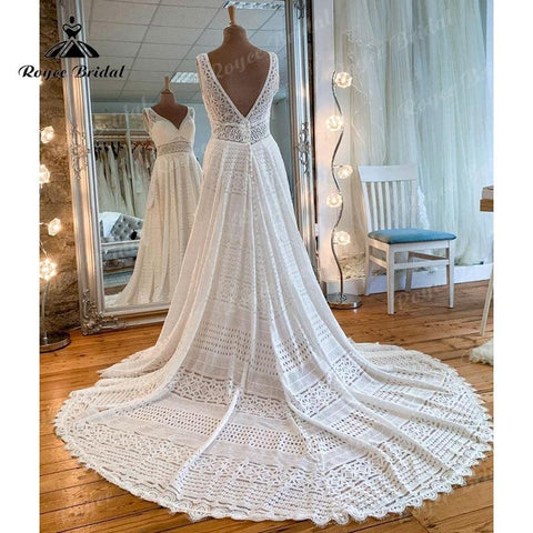 NumberSea V-Ausschnitt Ärmellos Volle Spitze A-Linie Boho Brautkleid Rückenfrei 2025 Vintage Vestido de Novia Sin Espalda Brautkleider für Frauen 