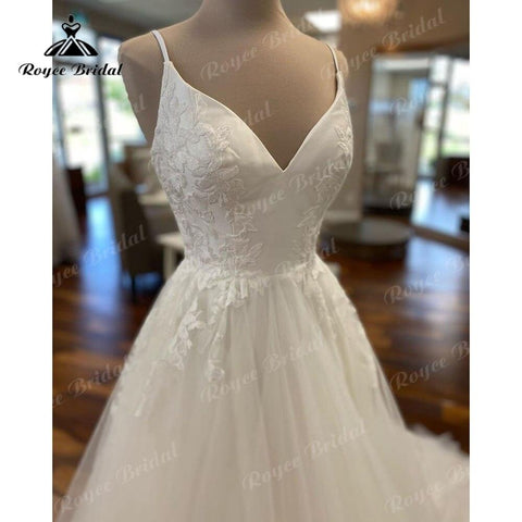V-Ausschnitt Spaghettiträger Spitzenapplikationen A-Linie Brautkleid Satin Tüll 2025 Robe Mariee Boheme Chic Brautkleid Braut Elegant