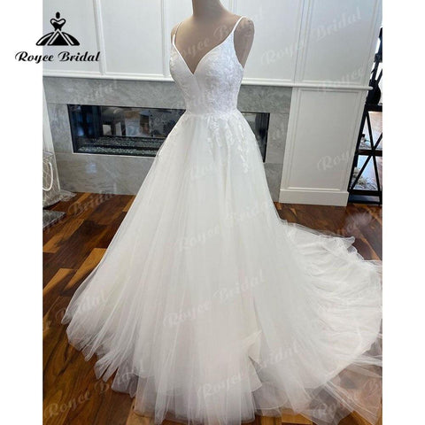 V-Ausschnitt Spaghettiträger Spitzenapplikationen A-Linie Brautkleid Satin Tüll 2025 Robe Mariee Boheme Chic Brautkleid Braut Elegant