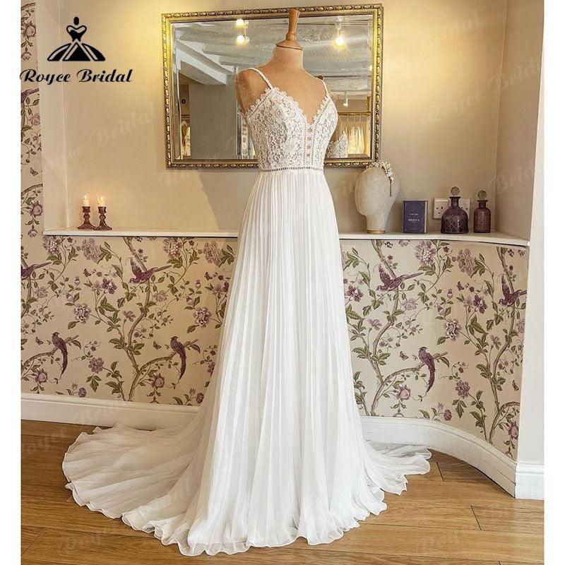 Vestido de noiva com decote em V, corpete de renda, alças finas, estilo boho, chiffon franzido, 2025, vestido civil, noiva, corte A, praia, verão, vestidos de noiva