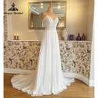 Vestido de noiva com decote em V, corpete de renda, alças finas, estilo boho, chiffon franzido, 2025, vestido civil, noiva, corte A, praia, verão, vestidos de noiva