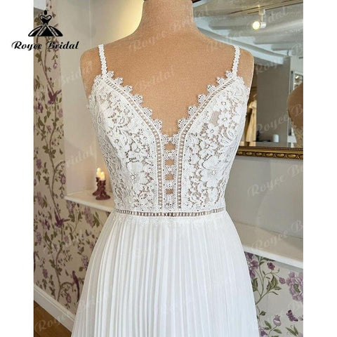 V-Ausschnitt Brautkleid Spitze Mieder Spaghetti-Trägern Boho Runched Chiffon 2025 Robe Zivil Braut A-Linie Strand Sommer Brautkleider