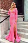 Robe de bal formelle rose à manches longues avec décolleté en V et dos nu  PSK315