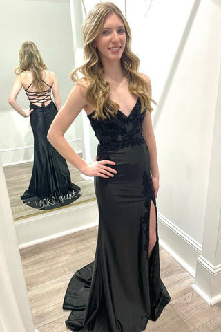 Schwarzes Ballkleid im Meerjungfrauenstil mit V-Ausschnitt, Schnürung und Schlitz PSK550