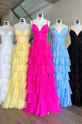 Vestido de festa em chiffon com decote em V, alças, folhos fúcsia e racha PSK470