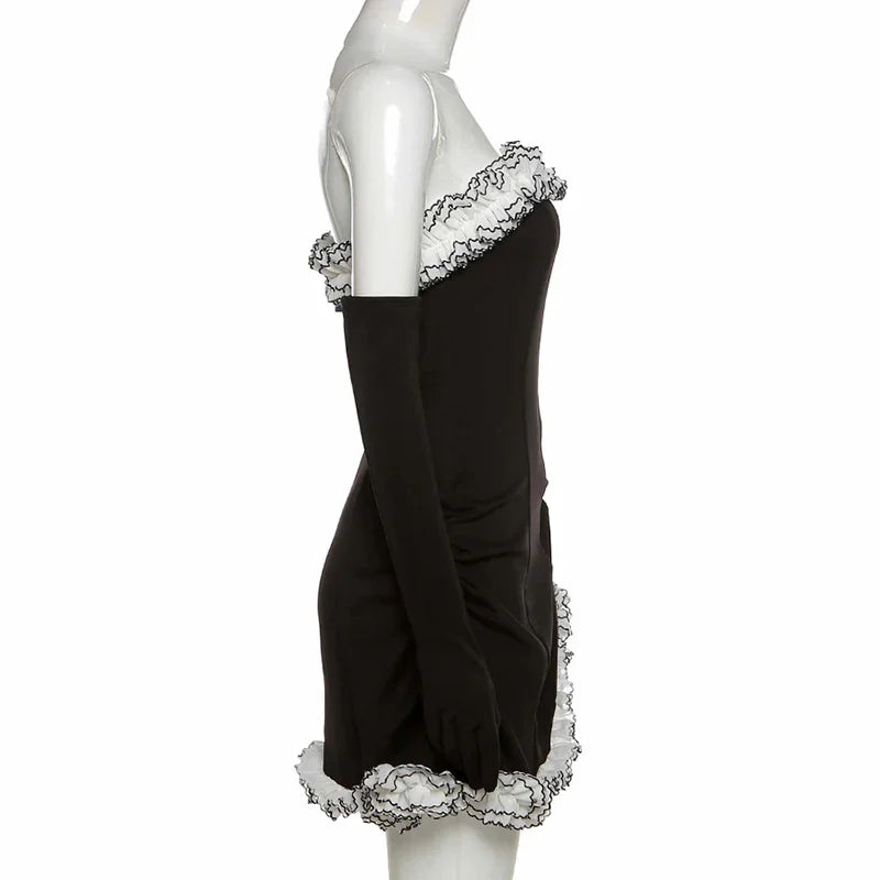 Falda Tubo para Fiesta Negra con Volante Irregular Blanco Vestido de Vendaje Negro para Baile de Graduación Y2617