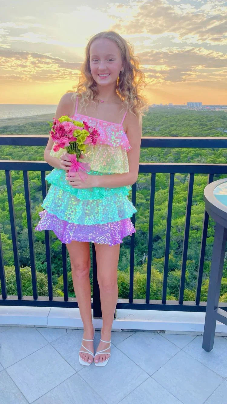 Vestido Brilhante de Lantejoulas para Mulher, Sem Mangas, Com Rendas Arco-Íris em Camadas, para Festas ou Noites no Clube Y2475