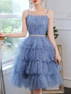 Vestido Corto Azul Hinchado de Tul para Promoción, Vestido Corto Azul Hinchado para el Baile de Regreso a Casa Y2620