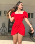 Vestido de Baile con Escote Cuadrado Rojo y Mangas Abullonadas Y2546