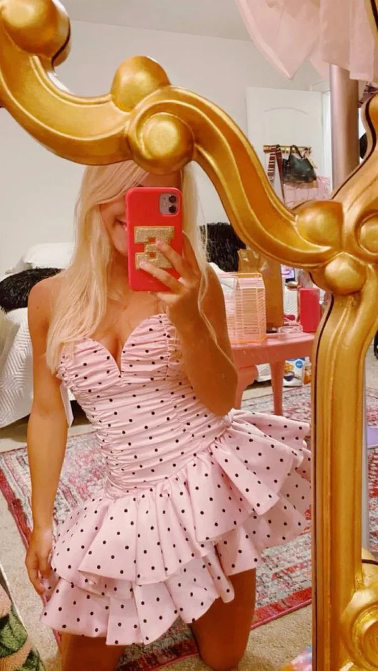 Böhmisches Minikleid Pink gepunktetes kurzes Abschlussballkleid Pinkes Etagenkleid Y2001