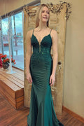 Vestido de festa comprido verde escuro, sereia, decote em V, cetim, com aplicações, PSK607