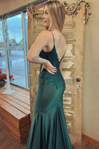 V Neck Satin Mermaid Dark Green Long Prom Dress with Appliques PSK607