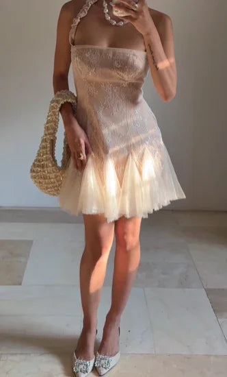 Vestido corto de fiesta para el baile de graduación con encaje y tul de tirantes alto Y8502