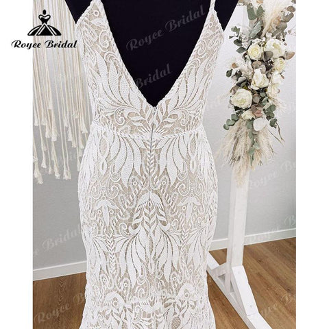 Vestido Boho Spaghettiträger Hochzeitskleid für Frauen Spitze Rückenfrei Meerjungfrau/Trompete Braut V-Ausschnitt Vestido de Boda Corte Sirena