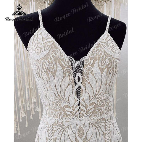Vestido Boho Spaghettiträger Hochzeitskleid für Frauen Spitze Rückenfrei Meerjungfrau/Trompete Braut V-Ausschnitt Vestido de Boda Corte Sirena
