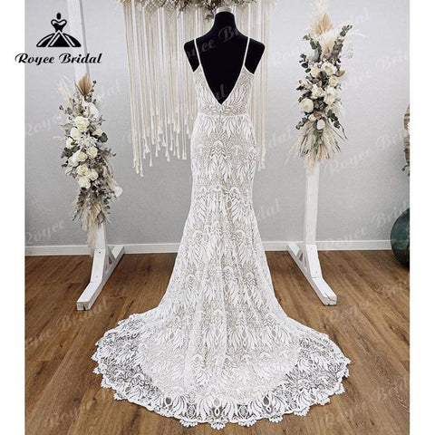 Vestido Boho Spaghettiträger Hochzeitskleid für Frauen Spitze Rückenfrei Meerjungfrau/Trompete Braut V-Ausschnitt Vestido de Boda Corte Sirena