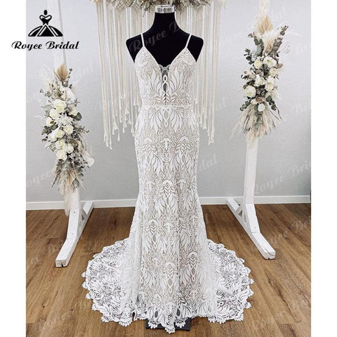 Vestido Boho Spaghettiträger Hochzeitskleid für Frauen Spitze Rückenfrei Meerjungfrau/Trompete Braut V-Ausschnitt Vestido de Boda Corte Sirena