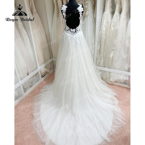 NumberSea Vestito Da Sposa A Line Abito Nuziale Schiena Scollata Scollo A V Pizzo Applique Abito Da Sposa Per Spiaggia E Feste vestito da sposa senza schiena 2025