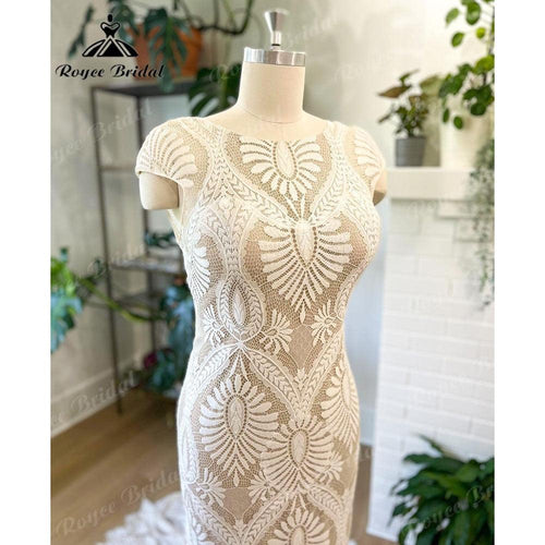 Vestido de Novia Boho Bohemio de Encaje Tipo Sirena/Trompeta con Manga Corta de Hombrera para Boda 2025 Traje de Noche de Boda