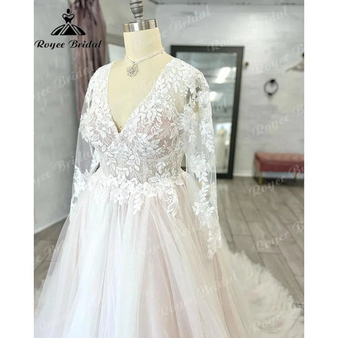 Vestido Novia Langarm Spitze Plus Größe Backless V Ausschnitt Hochzeit Kleid für Braut 2024 Appliques Frauen Hochzeit Kleid gelinlik 