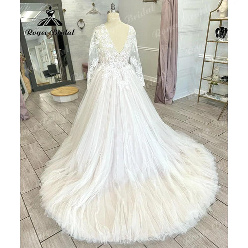 Vestito da Sposa Manica Lunga Pizzo Taglie Forti Senza Schiena Scollatura a V Abito da Sposa per Sposa 2024 Applicazioni Abito da Sposa Donna gelinlik