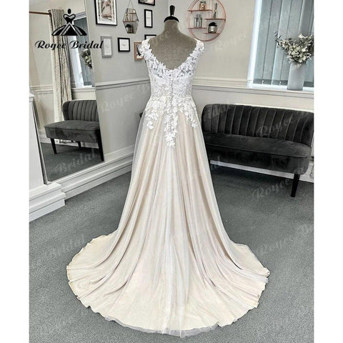Vestido Novia Robe Civil Spitze Strand Champagner Hochzeit Kleid mit V-ausschnitt 2024 Frauen Brautkleid Robe de mariee Sommer NumberSea 