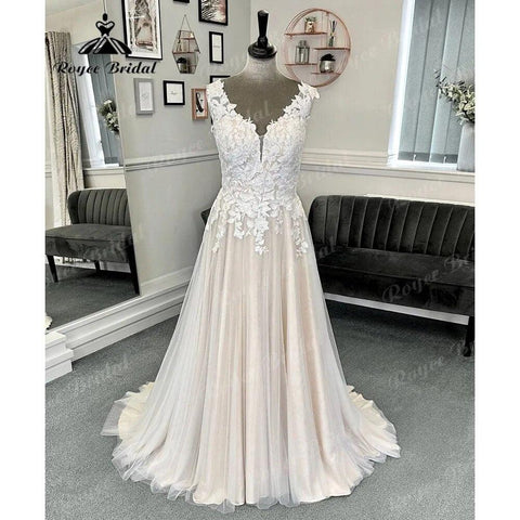 Vestido Novia Robe Civil Spitze Strand Champagner Hochzeit Kleid mit V-ausschnitt 2024 Frauen Brautkleid Robe de mariee Sommer NumberSea 