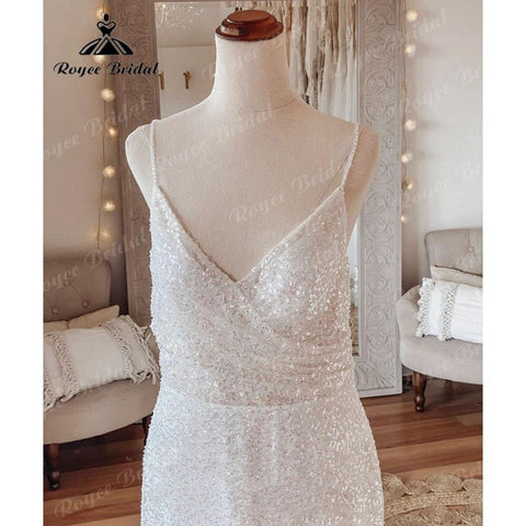 Vestido Novia Glitzerndes Pailletten-Boho-Meerjungfrauen-Hochzeitskleid mit Spaghettiträgern, Brautkleid für den Empfang, Hochzeitspartykleid, elegant