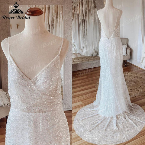 Vestido Novia Glitzerndes Pailletten-Boho-Meerjungfrauen-Hochzeitskleid mit Spaghettiträgern, Brautkleid für den Empfang, Hochzeitspartykleid, elegant