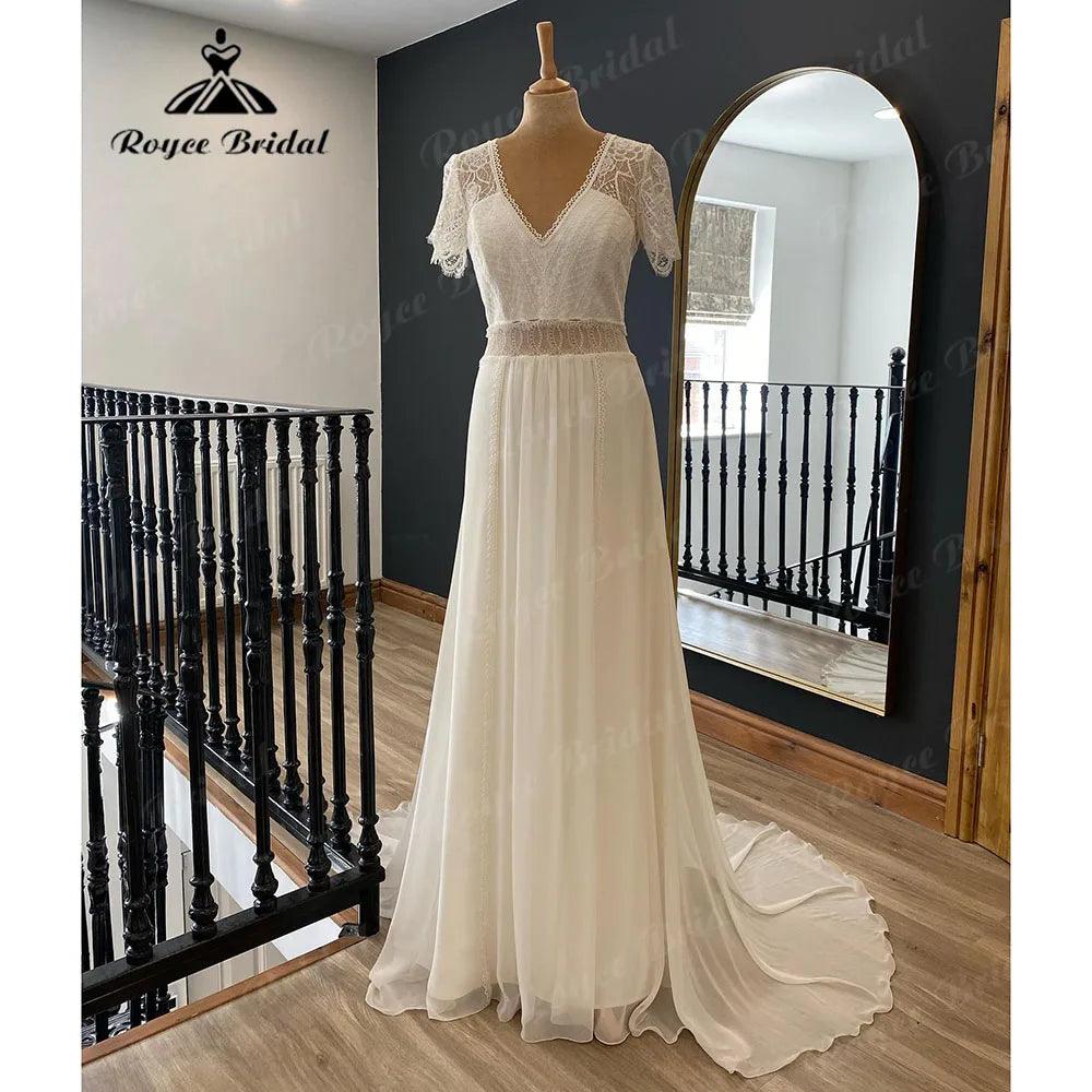 Vestido Novia Summer Bohemian Lace Chiffon Boho V Neck Wedding Gown for Women 2024 Robe Chic Wedding Dress with Short Sleeve