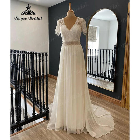 Vestido Novia Sommer Böhmische Spitze Chiffon Boho V-Ausschnitt Brautkleid für Frauen 2024 Robe Chic Brautkleid mit Kurzarm 