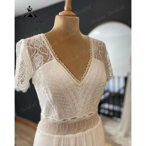 Vestido Novia Sommer Böhmische Spitze Chiffon Boho V-Ausschnitt Brautkleid für Frauen 2024 Robe Chic Brautkleid mit Kurzarm 