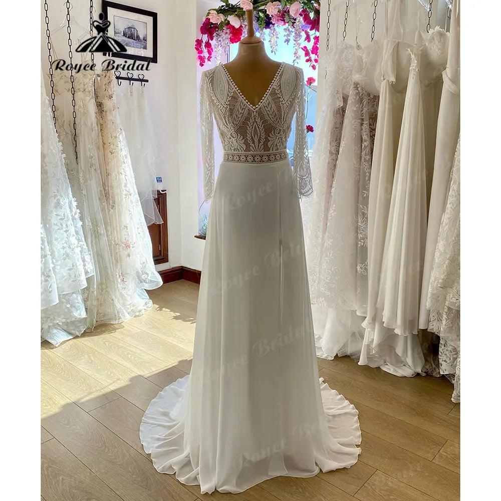 Vestido Novia V Neck Lace Bodice Boho Bohemian Beach Split Side Wedding Gown for Bride 2024 Wedding Dress for Women NumberSea